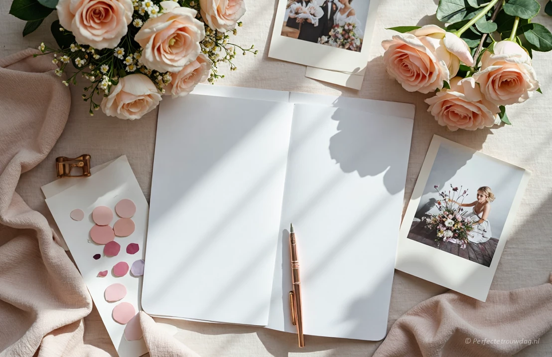 Een overzichtsfoto van trouwplanningsmaterialen, inclusief een planner, stofstalen, inspiratiefoto's en een bruidsboeket, in zacht daglicht.