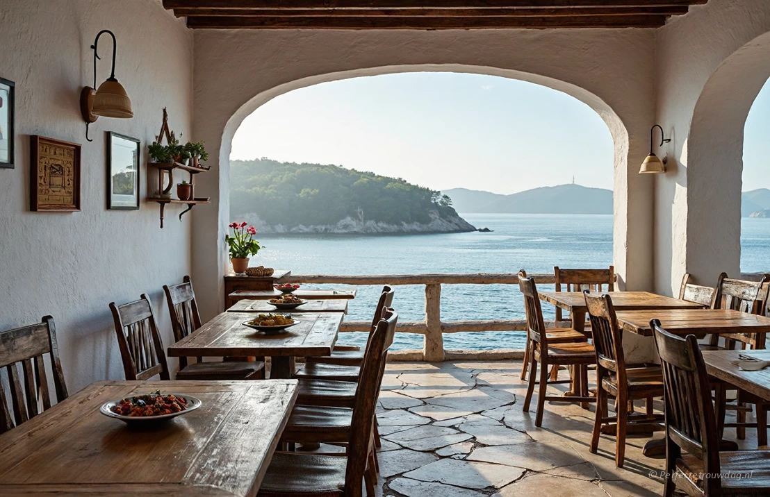 Een traditionele Griekse taverna met uitzicht op zee op Corfu, met rustieke tafels, witgekalkte muren en heerlijk lokaal eten.