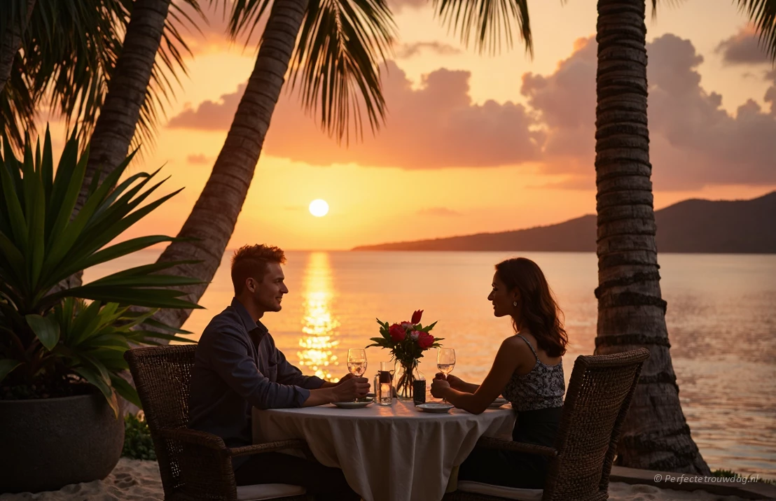 Een romantisch koppel dat geniet van een diner bij zonsondergang op een privéstrand in Bali, met weelderige tropische vegetatie op de achtergrond.