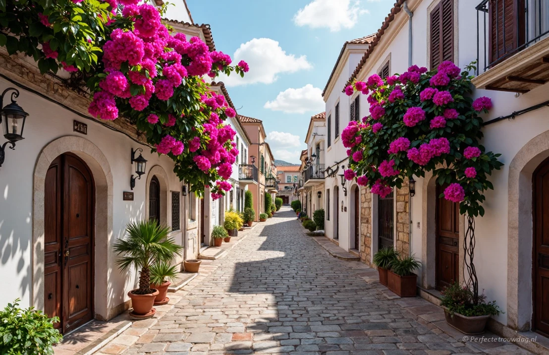 De middeleeuwse stad Rhodos, Griekenland, met smalle straatjes en kleurige bougainville, een romantische sfeer.