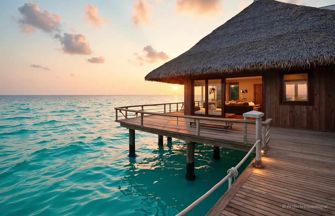 Een luxueuze overwater bungalow op de Malediven bij zonsondergang, met turkoois water en heldere lucht.