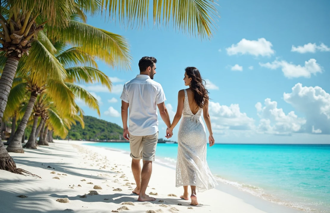 Een echtpaar wandelt hand in hand op een ongerept wit zandstrand op de Malediven, met wuivende palmbomen.