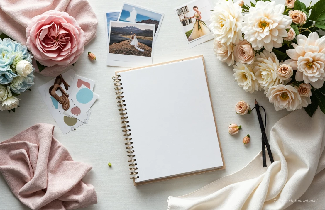 Een overzichtsfoto van trouwplanningsmaterialen, inclusief een planner, stofstalen, inspiratiefoto's en een bruidsboeket, in zacht daglicht.