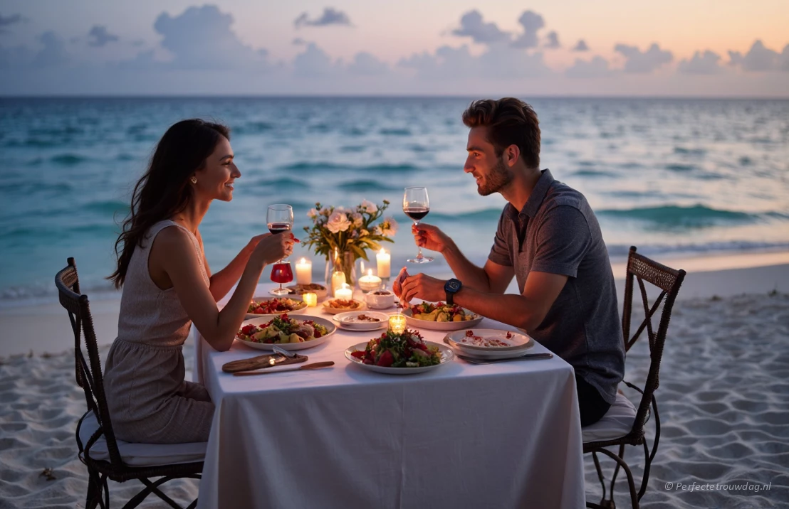 Een romantisch privé diner op het strand op de Malediven, met kaarsen, bloemen en uitzicht op de oceaan.
