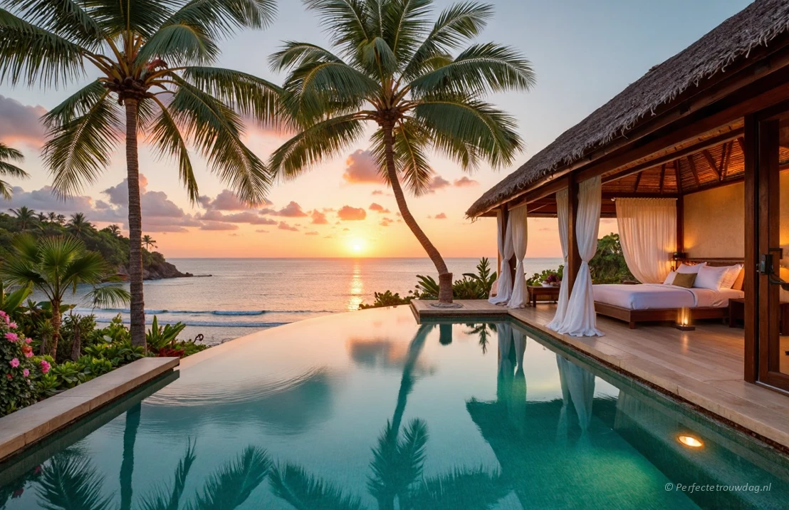 Een luxe verblijf op Bali wat heel erg geschikt is als huwelijksreis verblijf met palmbomen en zwembaden