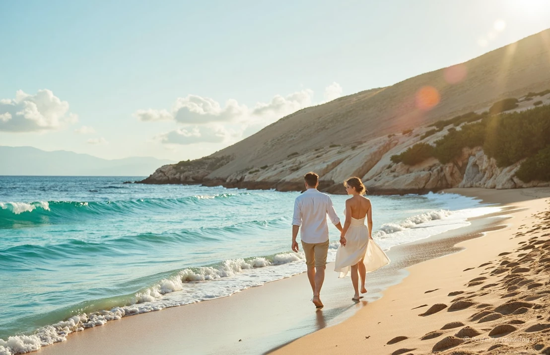 Een zonnig strand op het Griekse eiland Kreta, met turquoise water en een pasgetrouwd stel dat hand in hand loopt tijdens de gouden uren.