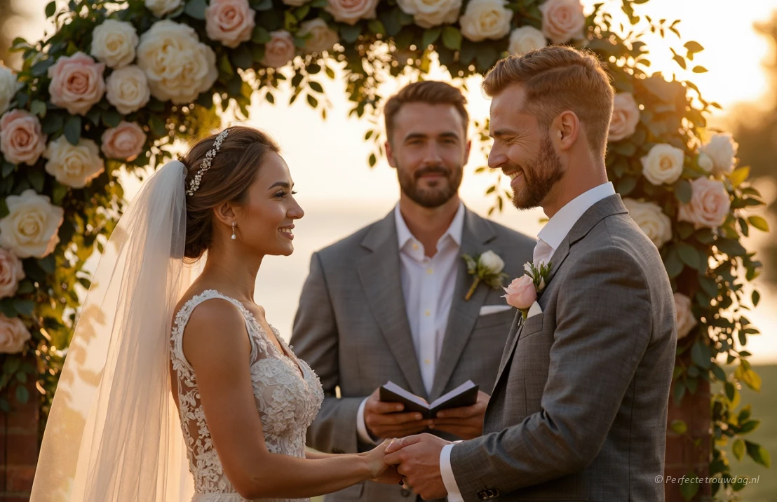 Een koppel dat buiten trouwbeloften uitwisselt onder een bloemenboog, gouden uur verlichting, wazige achtergrond met gasten, intiem en emotioneel.