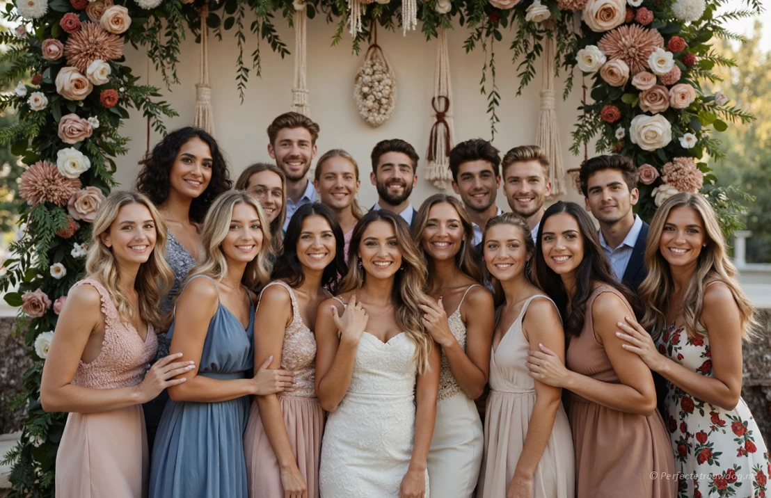 Een photo booth met bloemenachtergrond en poserende bruiloftgasten