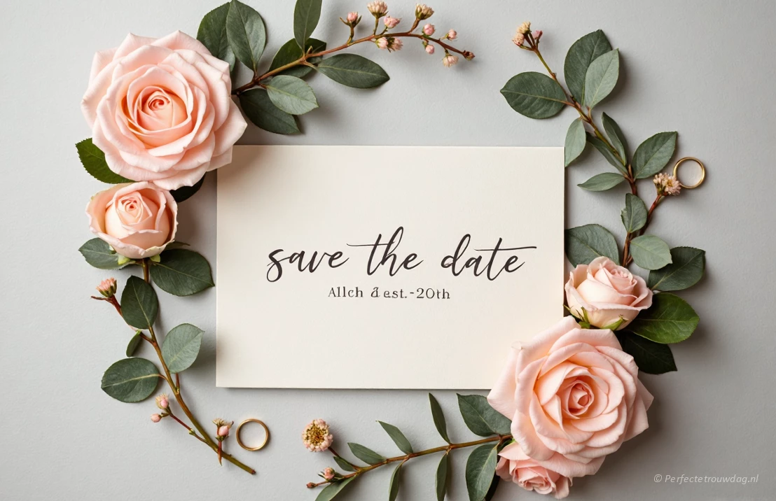 Een platliggende foto van een stijlvolle 'Save the Date'-kaart in crèmekleur met elegante kalligrafie, omringd door zachtroze rozen, takjes eucalyptus en een gouden trouwring. Zachte, diffuse belichting.