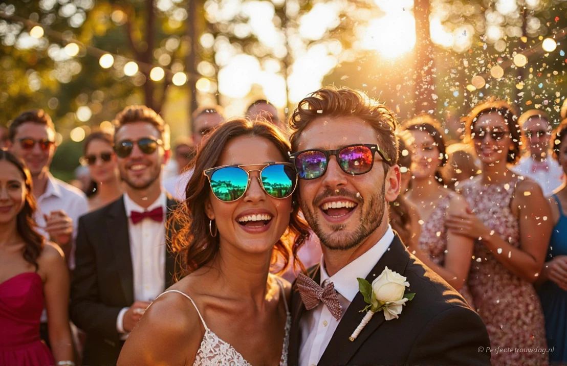 Bruidspaar met zonnebrillen selfie met gasten
