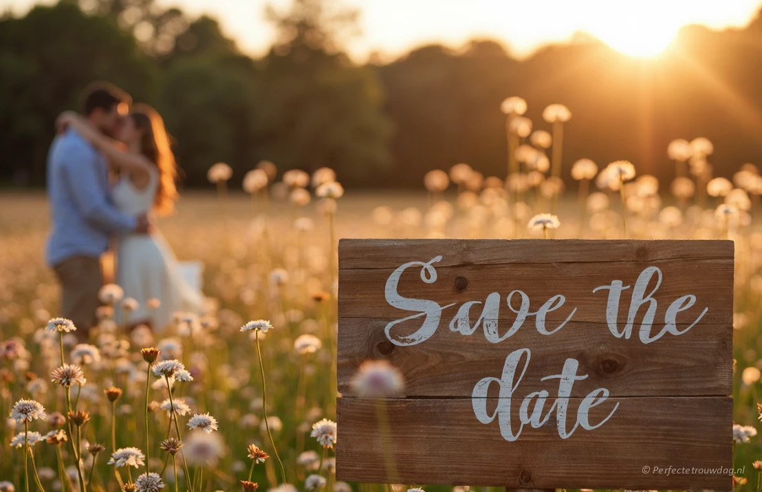 Een romantische buitenfoto met een koppel dat elkaar omhelst in een veld met wilde bloemen. Op de voorgrond staat een houten bord met de tekst 'Save the Date' in een handschriftlettertype. Gouden uren belichting, warme tinten, ondiepe scherptediepte.