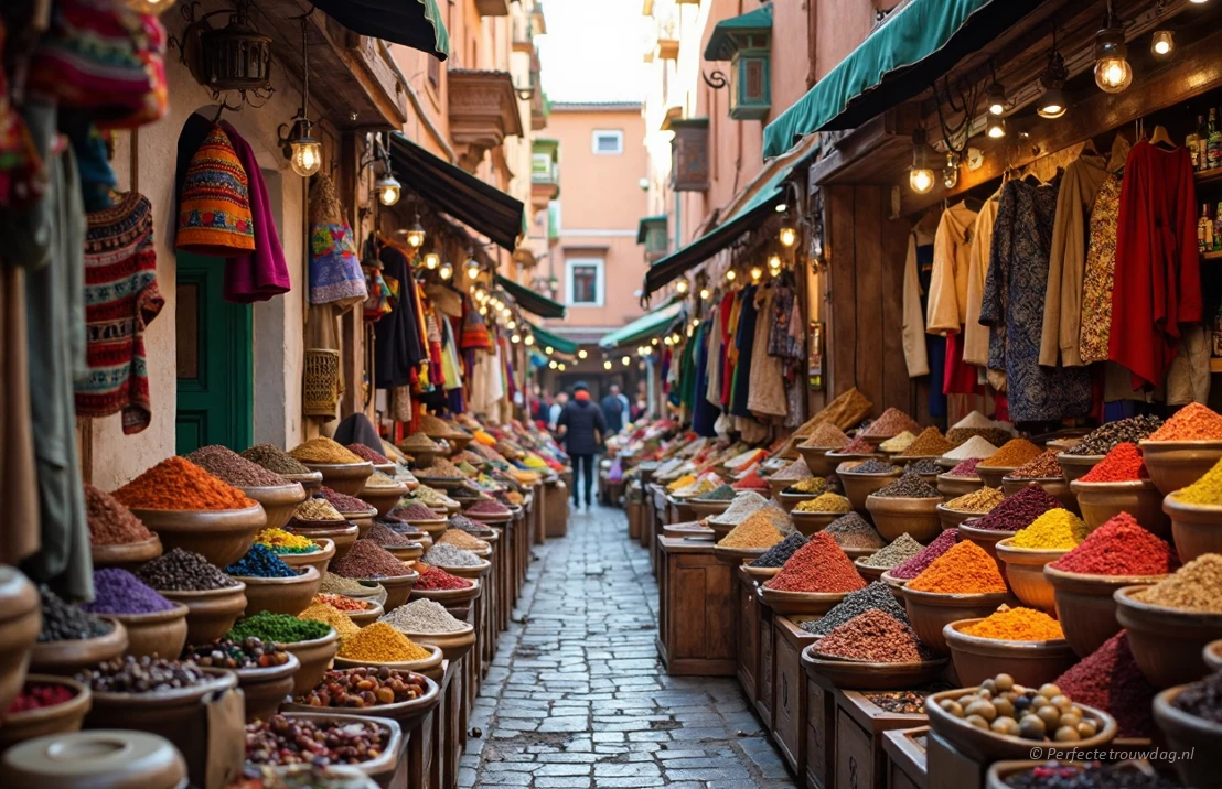 Een drukke markt in Fes, Marokko, gevuld met kleurrijke kruiden, handgemaakte goederen en traditionele Marokkaanse kleding.