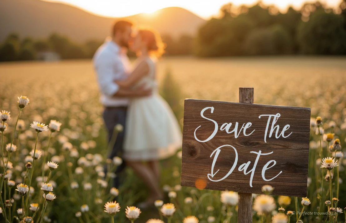Een romantische buitenfoto met een koppel dat elkaar omhelst in een veld met wilde bloemen. Op de voorgrond staat een houten bord met de tekst 'Save the Date' in een handschriftlettertype. Gouden uren belichting, warme tinten, ondiepe scherptediepte.