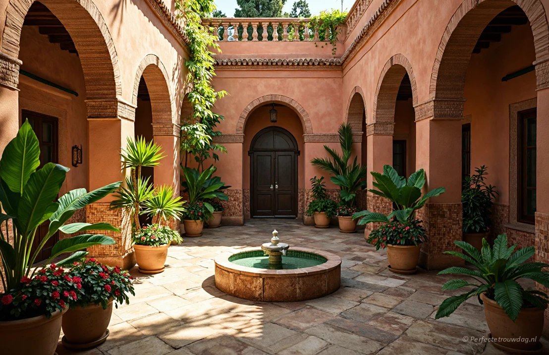 Een rustige binnenplaats van een riad in Marrakech, Marokko, overgoten met gouden zonlicht, met ingewikkeld tegelwerk, weelderige planten en een kleine fontein.