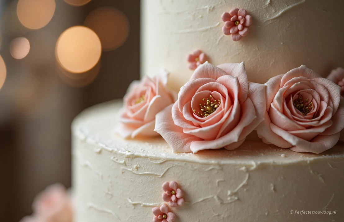 Een close-up van een trouwtaart versierd met delicate suikerbloemen, zachte focus, romantische verlichting.