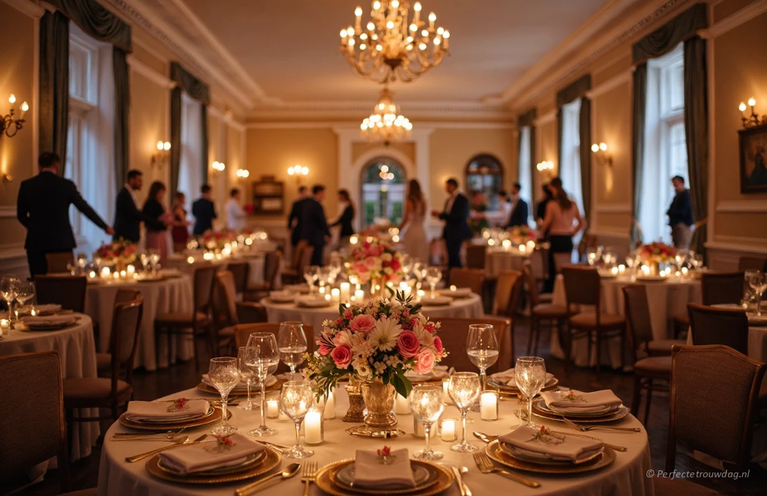 Een elegante trouwzaal, tafels prachtig versierd met bloemen en kaarsen, warme sfeerverlichting, wazige figuren van dansende gasten.