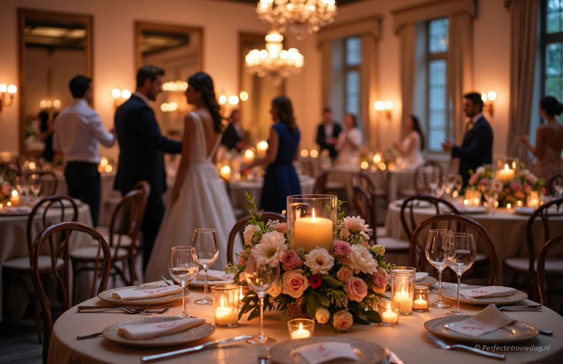 Een elegante trouwzaal, tafels prachtig versierd met bloemen en kaarsen, warme sfeerverlichting, wazige figuren van dansende gasten.