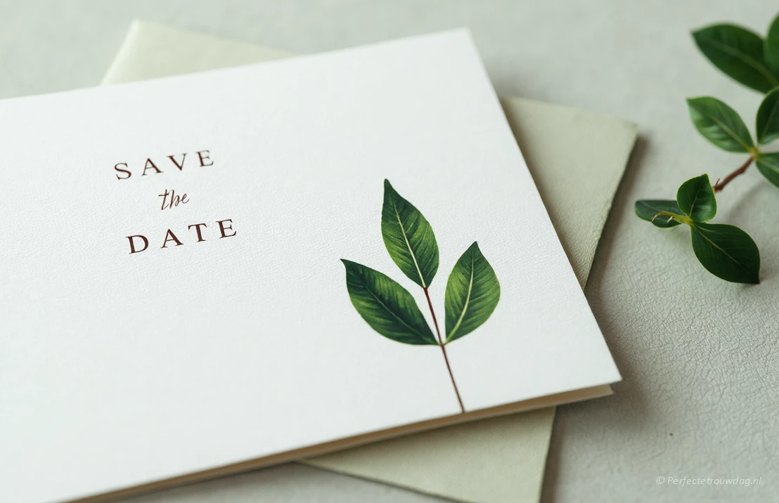 Een minimalistisch ontwerp voor een 'Save the Date'-kaart met een enkel gestileerd blad in verschillende tinten groen. Strakke witte achtergrond, moderne typografie. Focus op textuur en eenvoud.