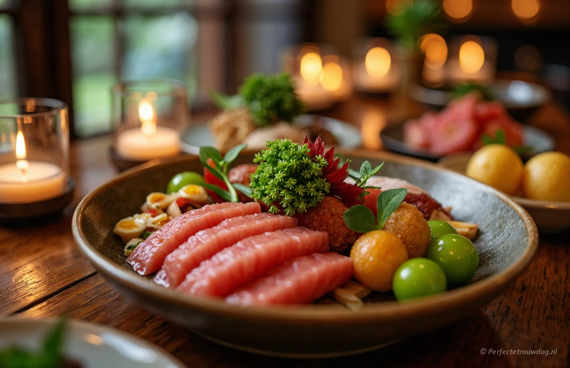 Een gedetailleerde close-up van een verfijnd Kaiseki diner, geserveerd in een traditionele Japanse sfeer.