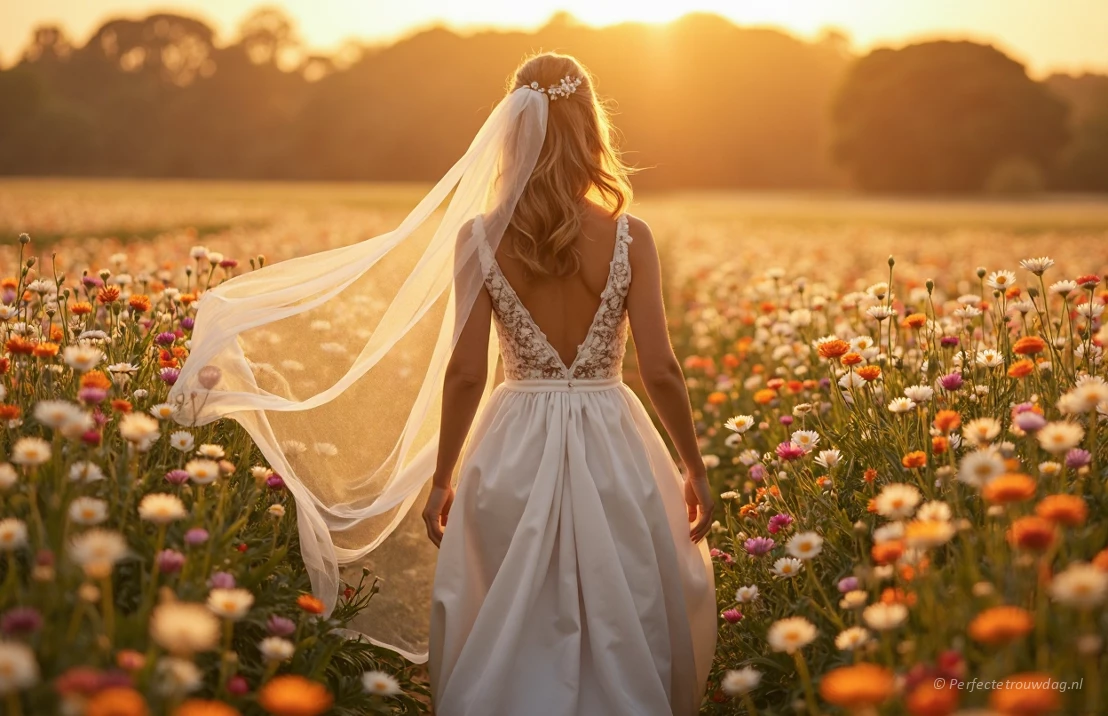 Bruid die door een veld vol wilde bloemen loopt in een A-lijn trouwjurk, zonovergoten, filmische verlichting, vloeiende sluier, dromerige sfeer, fotorealistisch.