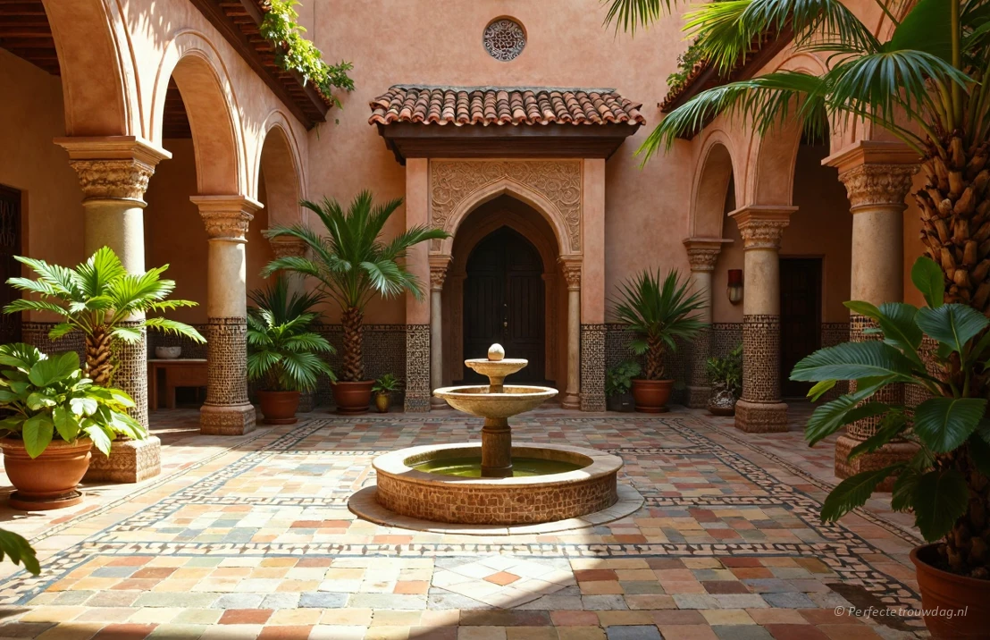 Een rustige binnenplaats van een riad in Marrakech, Marokko, overgoten met gouden zonlicht, met ingewikkeld tegelwerk, weelderige planten en een kleine fontein.