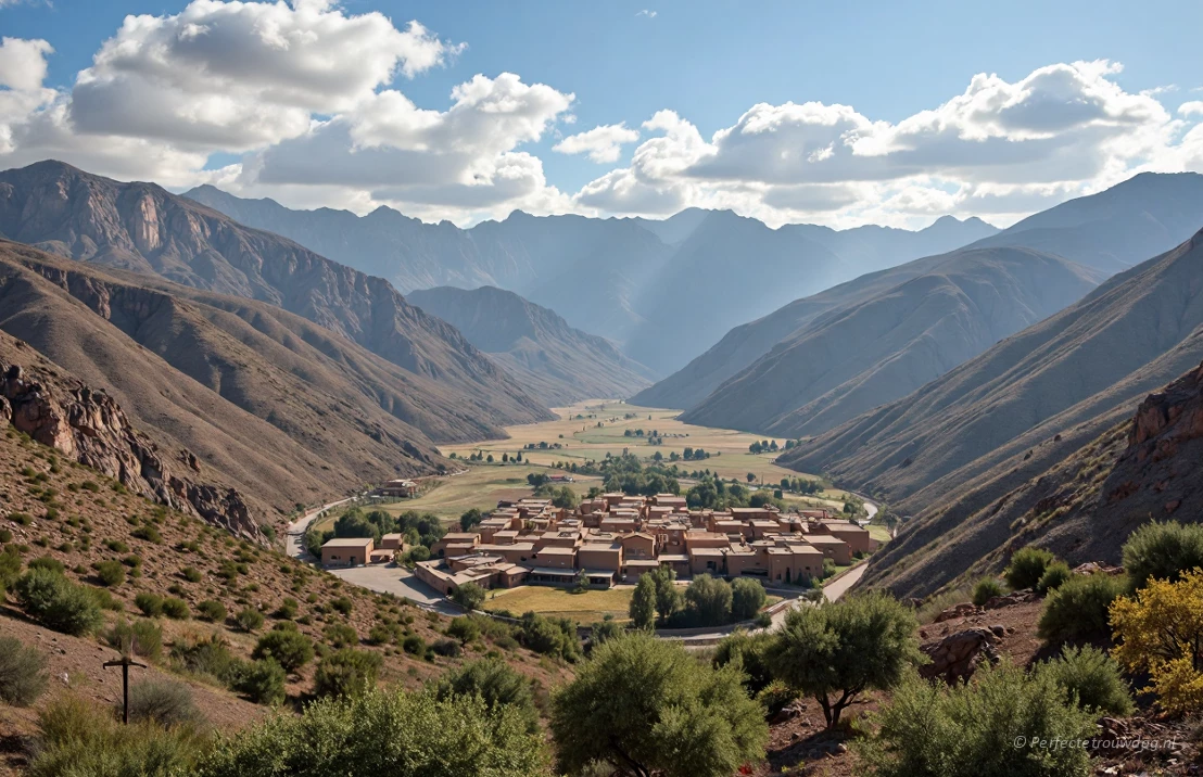 Een prachtig uitzicht op het Atlasgebergte in Marokko, met een traditioneel Berberdorp genesteld in de vallei.