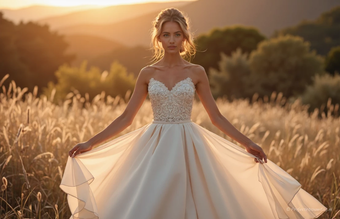 Een prachtige A-lijn trouwjurk, zachte focus, natuurlijk licht, elegante pose, vloeiende stof, buitenlocatie, gouden uur, hoge details, fotorealistisch.