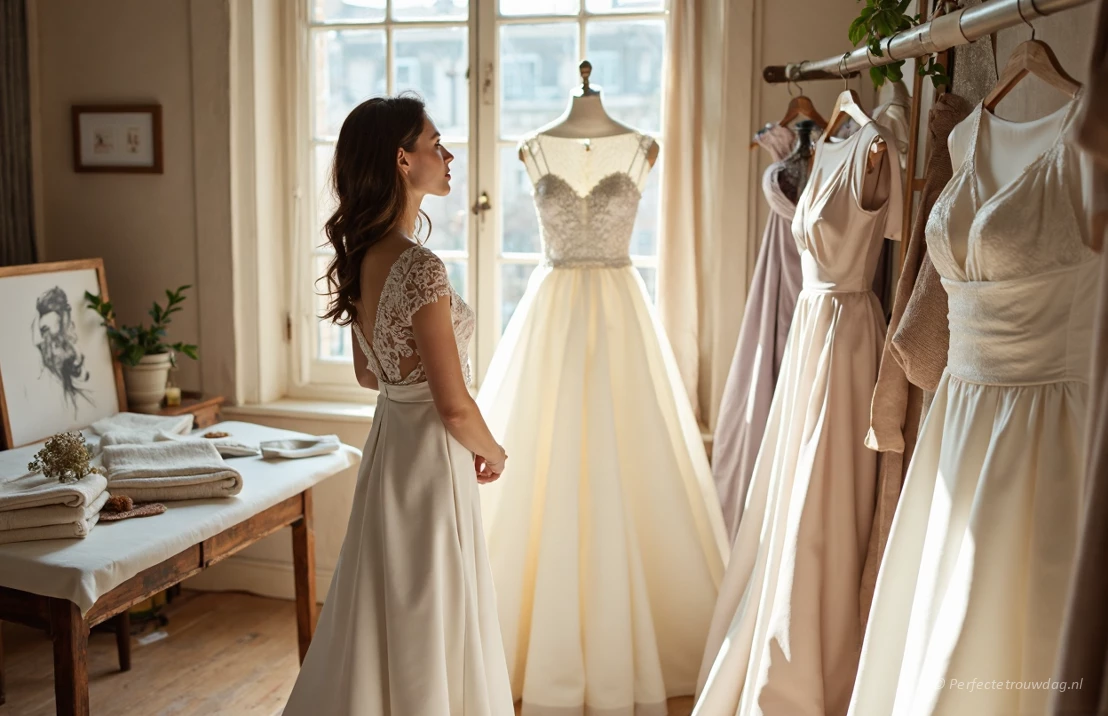 Een bruid staat in een zonnige atelier, omringd door stoffen en schetsen, en overweegt nadenkend een witte satijnen trouwjurk.