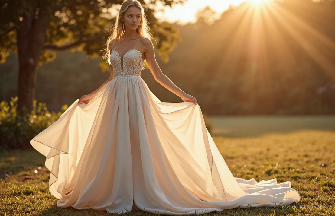 Een prachtige A-lijn trouwjurk, zachte focus, natuurlijk licht, elegante pose, vloeiende stof, buitenlocatie, gouden uur, hoge details, fotorealistisch.