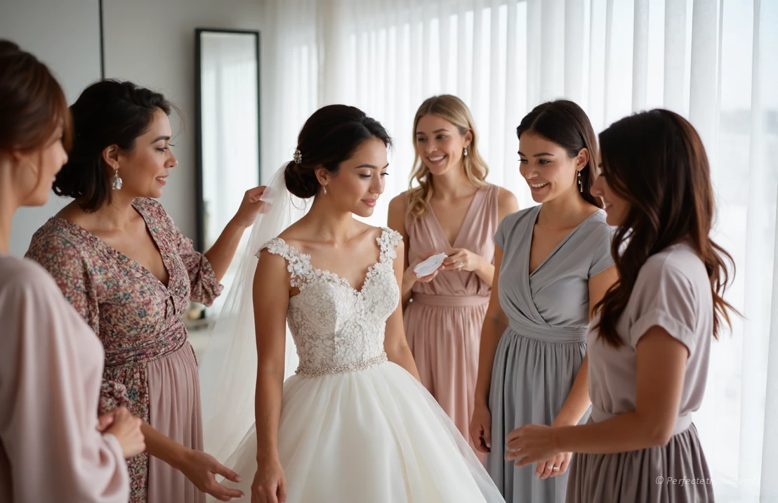 Een groep vrouwen, warm en ondersteunend, verzameld rond een bruid die een trouwjurk past.