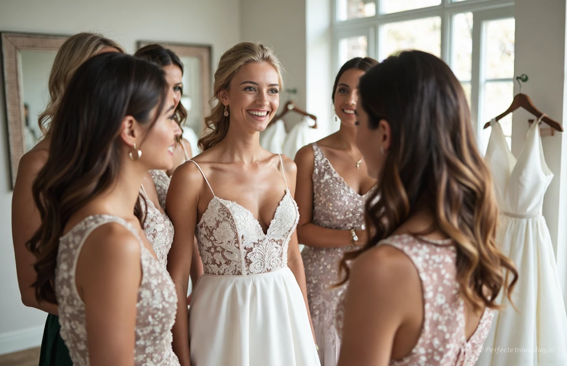 Een groep vrouwen, warm en ondersteunend, verzameld rond een bruid die een trouwjurk past.