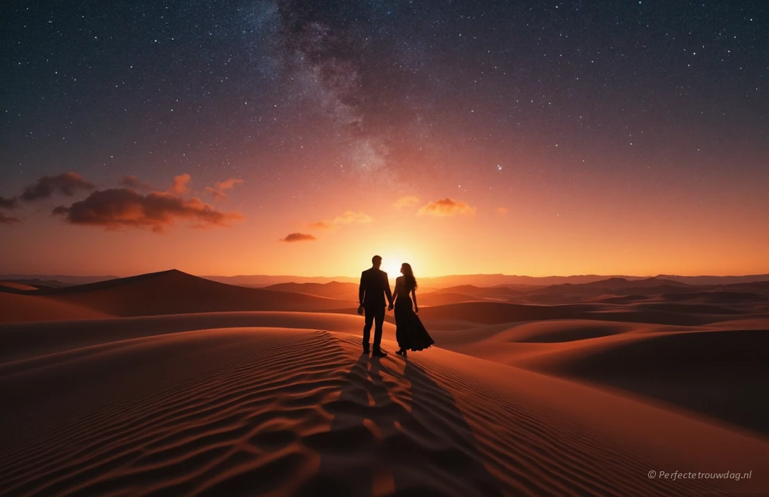 Een koppel gesilhouetteerd tegen een uitgestrekte Sahara-woestijn bij zonsondergang, met glooiende duinen en een sterrenhemel.