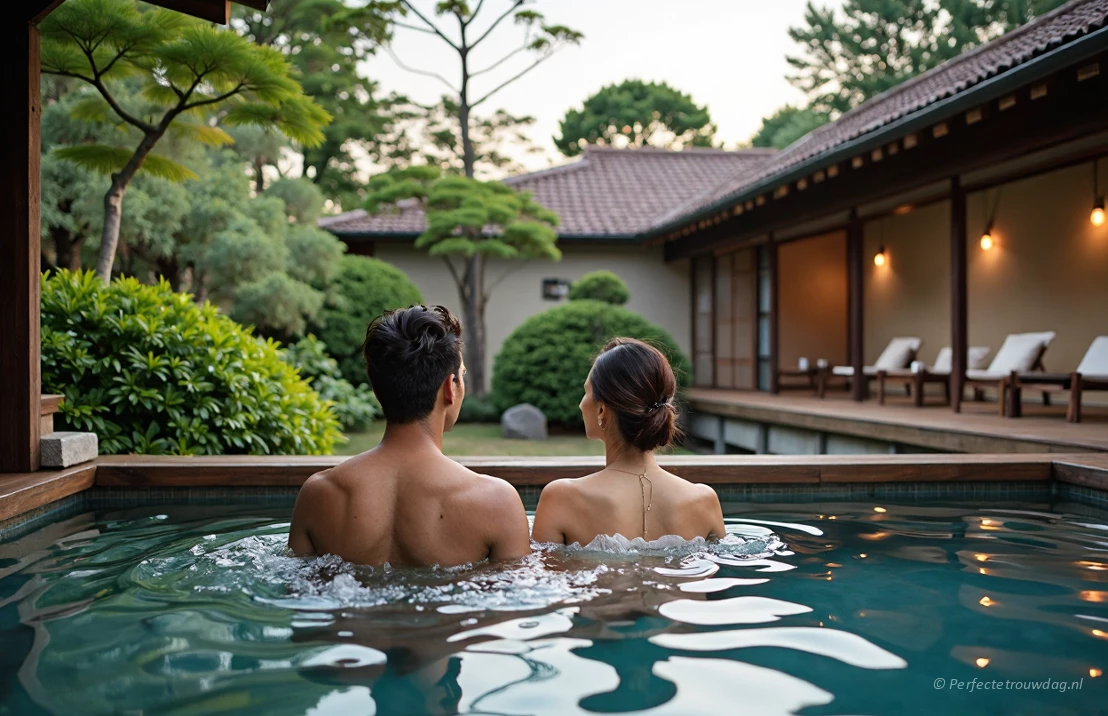 Een romantisch koppel geniet van een ontspannend moment in een openlucht onsen bij een traditionele Japanse ryokan.
