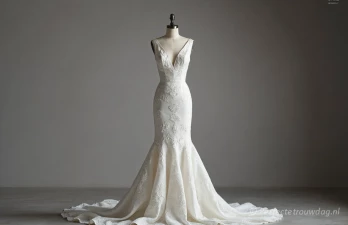 Een A-lijn trouwjurk op een mannequin, studiolicht, minimalistische achtergrond, waarbij de silhouet en textuur van de stof worden getoond, high fashion fotografie, fotorealistisch.