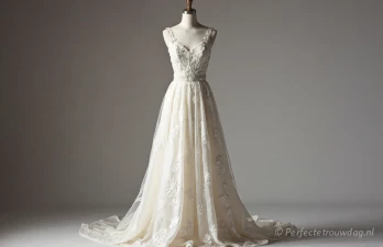 Een A-lijn trouwjurk op een mannequin, studiolicht, minimalistische achtergrond, waarbij de silhouet en textuur van de stof worden getoond, high fashion fotografie, fotorealistisch.