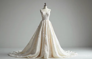 Een A-lijn trouwjurk op een mannequin, studiolicht, minimalistische achtergrond, waarbij de silhouet en textuur van de stof worden getoond, high fashion fotografie, fotorealistisch.