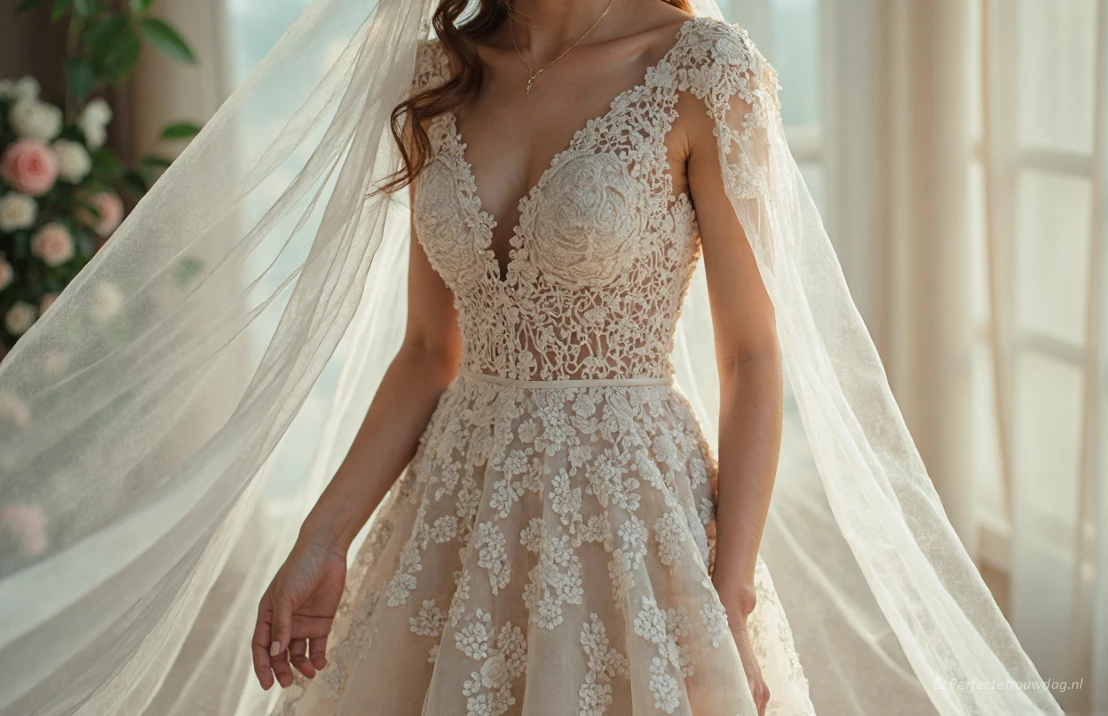 Een fotorealistische afbeelding van een elegante trouwjurk met gedetailleerde kant, in zacht daglicht, met een romantische sfeer.