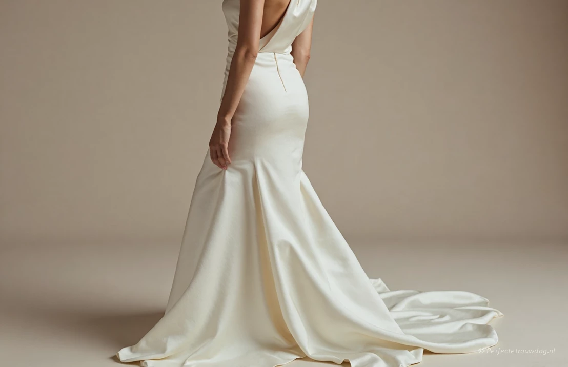 Een close-up van een minimalistische satijnen trouwjurk met een dramatische halslijn en sleep.