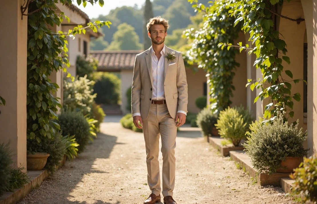 Een moderne bruidegom staat in een zonnige Italiaanse villa, gekleed in een lichtbeige linnen pak, een wit overhemd en bruine leren loafers.