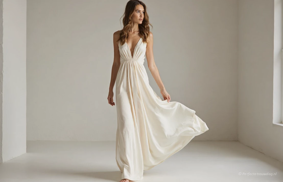 Een minimalistische zijden trouwjurk in ivoor, gefotografeerd in een moderne studio met zacht licht.