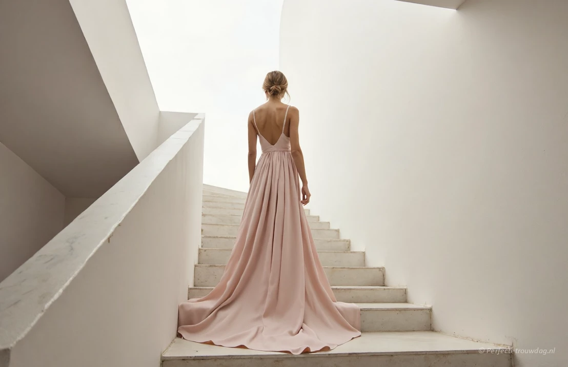 Een bruid in een minimalistische A-lijn trouwjurk op een moderne trap.