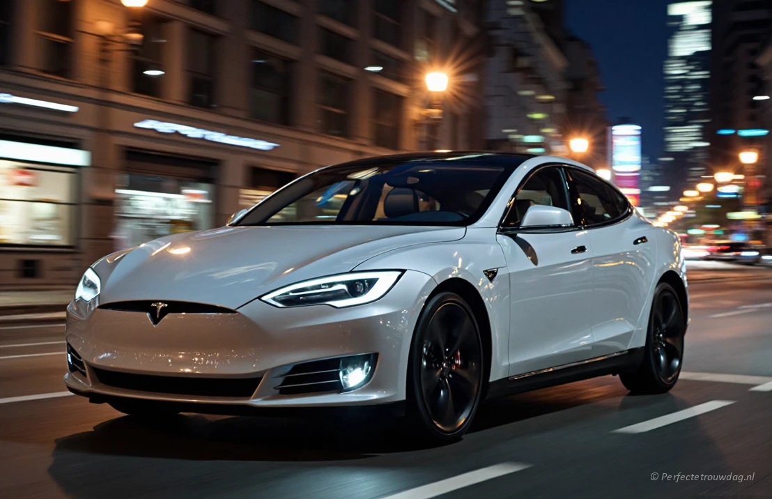 Een strakke, moderne Tesla Model S, parelwit, rijdt door een stadscentrum met vage lichten, verfijnde en minimalistische esthetiek, nachtfotografie.