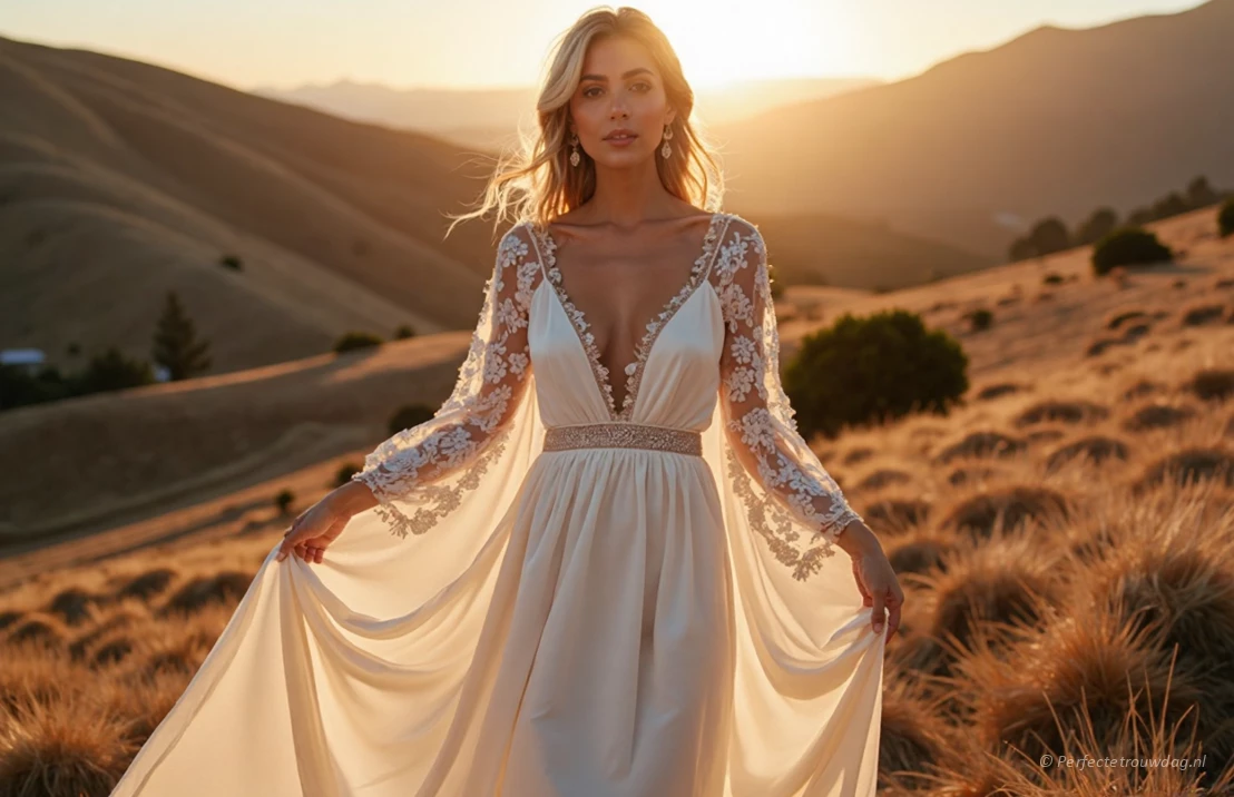 Een bohemien bruidsjurk met vloeiende, transparante kanten mouwen en een ontspannen silhouet, gefotografeerd tijdens het gouden uur in een natuurlijke omgeving.
