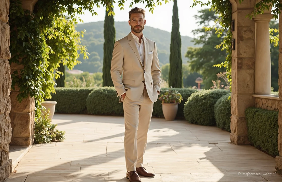 Een moderne bruidegom staat in een zonnige Italiaanse villa, gekleed in een lichtbeige linnen pak, een wit overhemd en bruine leren loafers.