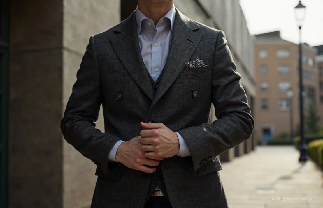 Een bruidegom in een donkergrijs pak met een subtiele textuur, staand in een moderne stedelijke omgeving. Hij draagt minimalistische manchetknopen en een zakdoek, wat een ingetogen elegantie uitstraalt.