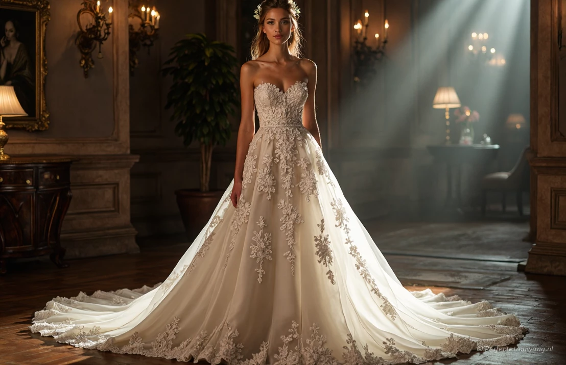 Een elegante bruidsjurk met een nauwaansluitend lijfje en een vloeiende A-lijn rok, versierd met gedetailleerde guipure kant, gefotografeerd in een luxe omgeving.