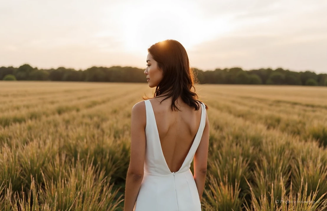 Een bruid in een minimalistische crêpe trouwjurk met open rug, staand in een veld bij zonsondergang.