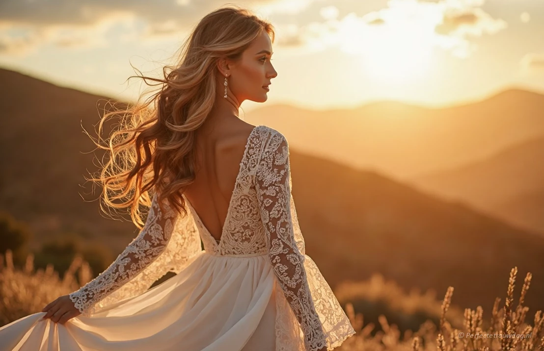 Een bohemien bruidsjurk met vloeiende, transparante kanten mouwen en een ontspannen silhouet, gefotografeerd tijdens het gouden uur in een natuurlijke omgeving.