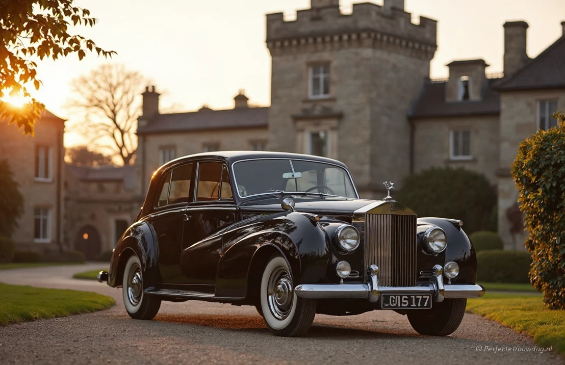 Een statige, vintage Rolls-Royce Silver Cloud geparkeerd voor een historisch kasteel, gouden uren, zachte focus, elegant en verfijnd.