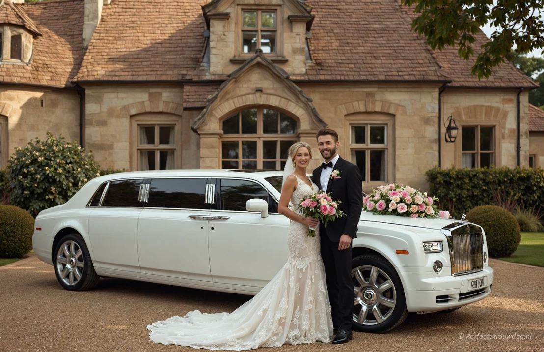 Bruidspaar staat voor een witte limousine met de trouwlocatie op de achtergrond